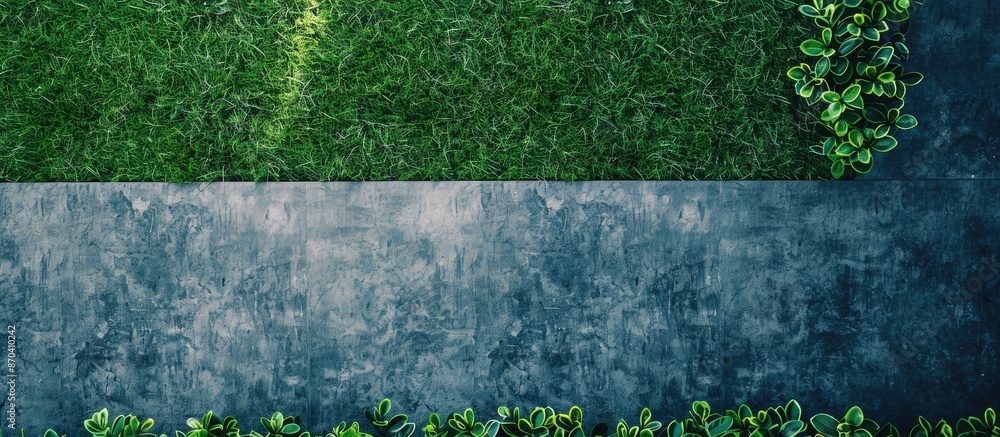 Poster exterior element viewed from above showing artificial grass carpet as a backdrop with copy space ima
