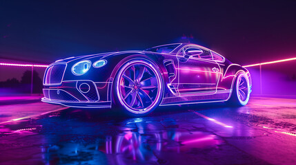 Luxury sports car with neon lighting at night