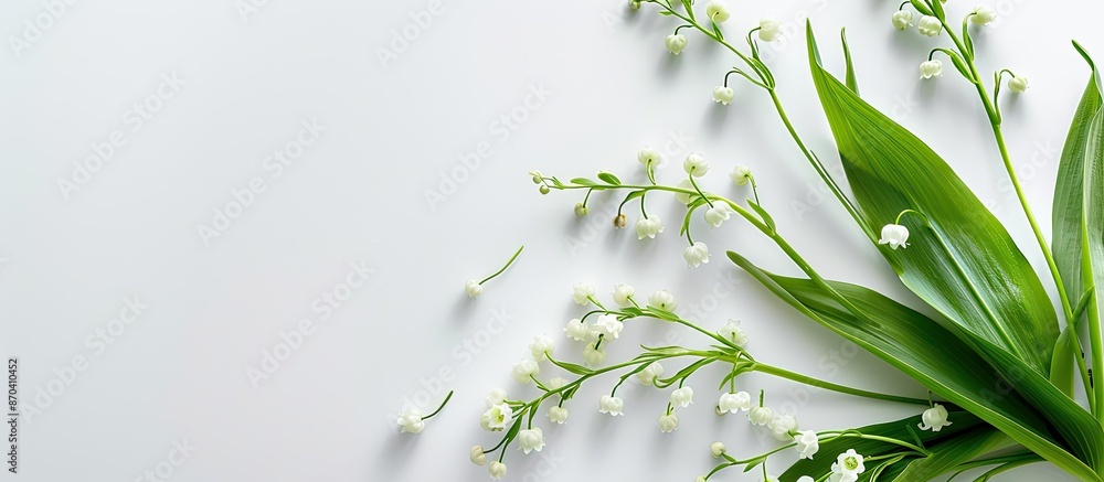 Poster top view of isolated lilies of the valley on a white background with copy space image.