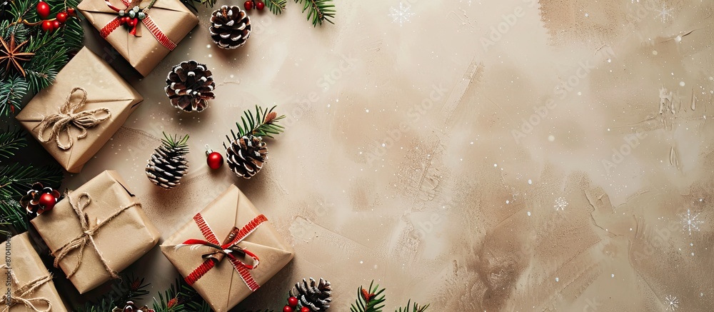 Poster top view of christmas-themed gifts and pine cones on a background with ample copy space image for te