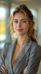 Fototapeta premium Portrait of successful beautiful businesswoman inside modern office building