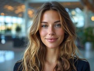 Obraz premium Portrait of successful beautiful businesswoman inside modern office building