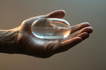 a hand holding a multicolored capsule