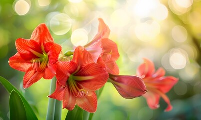 Garden with beautiful Amaryllis flowers, Generative AI