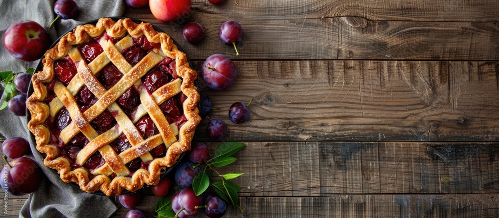 Poster preparing a plum pie with ingredients displayed on a rustic wooden table with room for a copy space 