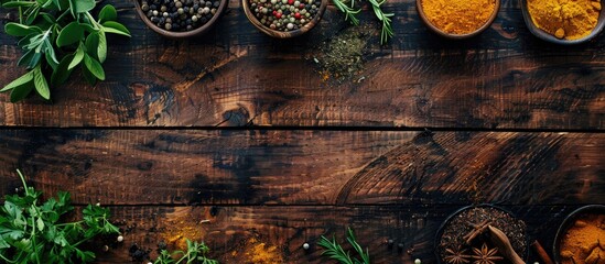 Top down view of diverse spices and herbs displayed on a wooden surface with room for your message in the copy space image.
