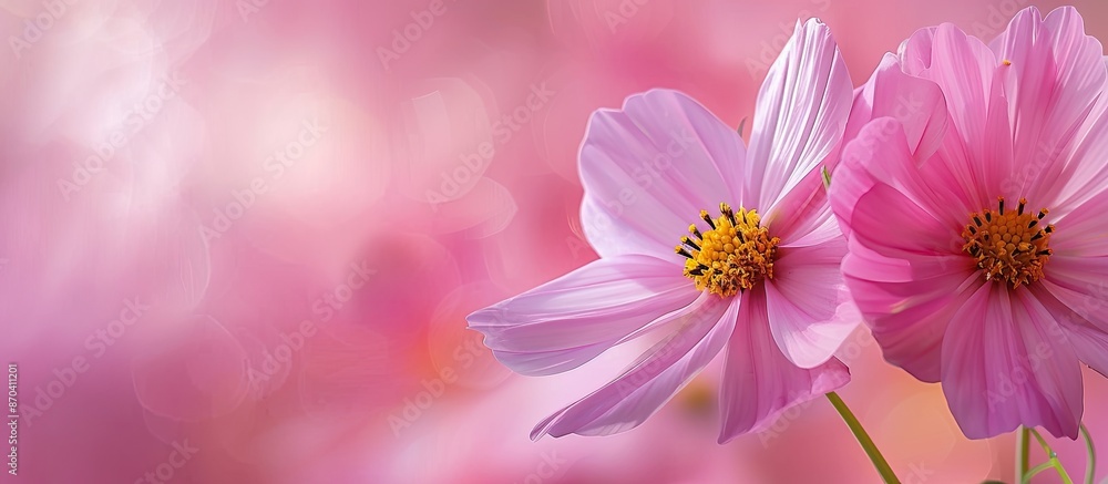 Poster Close-up photograph of a decorative pink garden flower Cosmos Bipinnatus, also known as Cosmea Bipinnata and Mexican Aster, with copy space image.