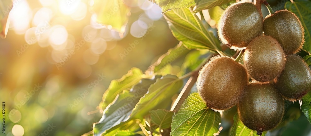 Poster kiwi fruit displayed on a tree branch with copy space image.