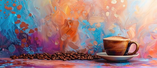Artistic arrangement featuring a cup and coffee beans on a colorful backdrop with copy space image available.