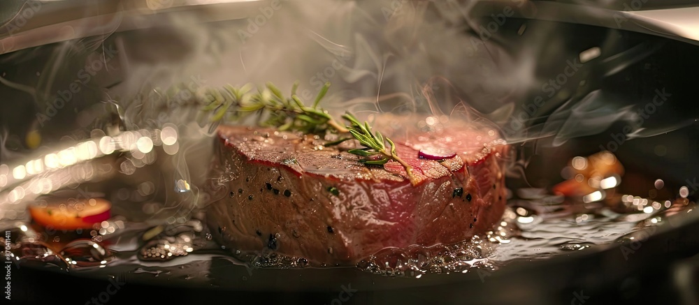 Poster preparing a succulent beef filet mignon on a sizzling pan. copy space image. place for adding text a