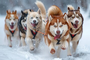 A group of huskies run through snowy terrain, their harnesses indicating a sled team, as their excited expressions capture the spirit of adventure and teamwork.
