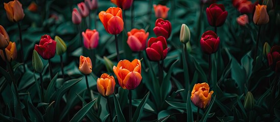 Tulips blooming beautifully in a colorful array amidst green foliage, perfect for a copy space image.