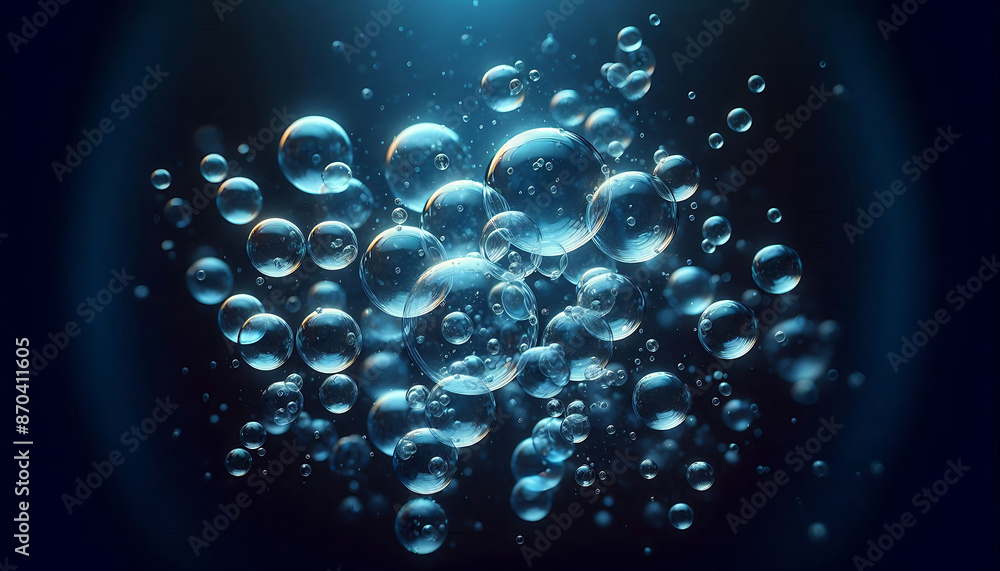Poster abstract blue bubbles floating, a cluster of blue transparent bubbles of different sizes are floatin