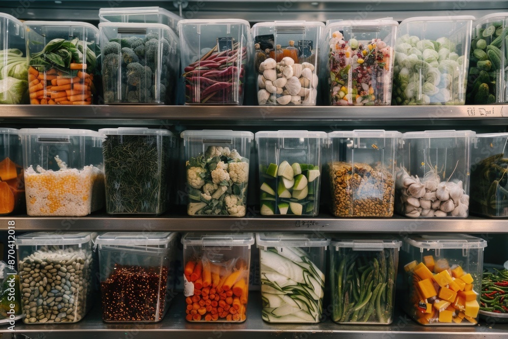 Poster a row of clear plastic containers filled with various vegetables and fruits. the containers are arra