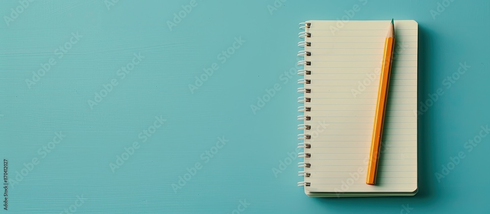 Poster a notepad with a pencil on a blue backdrop, creating a charming composition with copy space image.
