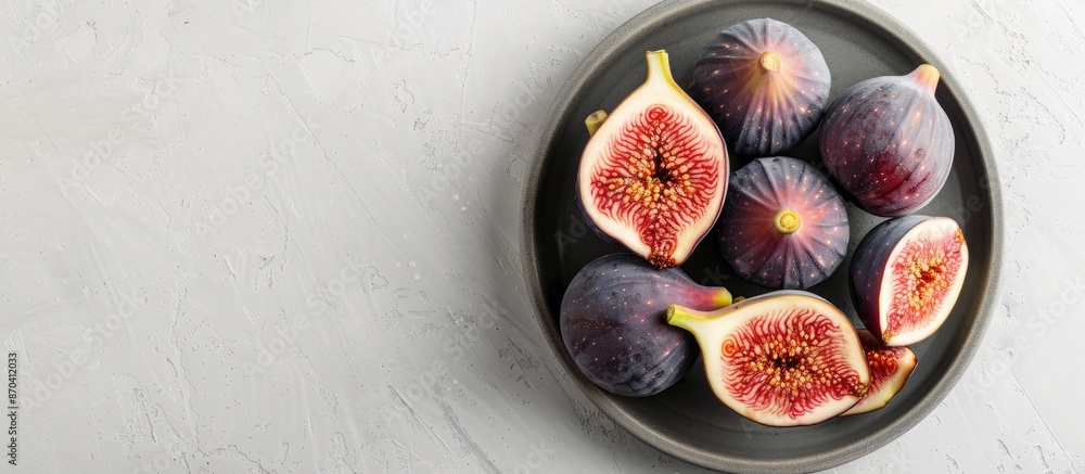Poster fresh figs on a grey plate with one fruit sliced in half, placed on a white background with a clippi