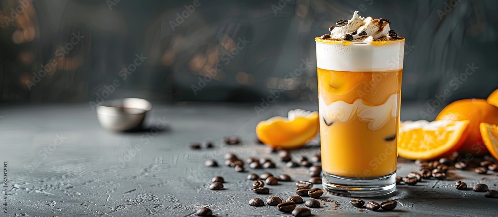 Poster a delicious and invigorating beverage made with coffee and orange juice placed on a grey table with 