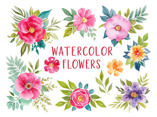 Set of watercolor flowers for decoration on a white background