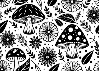 seamless pattern design of mushrooms and flowers