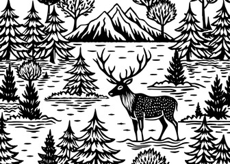 seamless pattern design of deer and trees