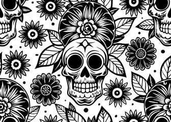 seamless design of skulls and flowers