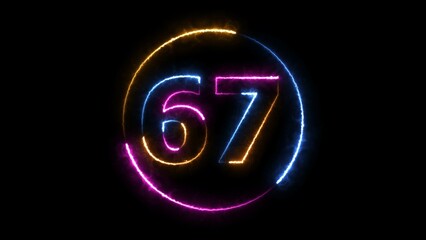 Neon digital number sixty-seven with alpha channel, neon sign illustration.