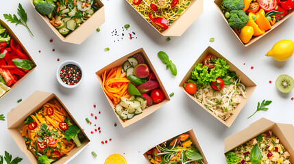 Healthy take away food and drinks in disposable eco friendly paper containers on gray background, top view.