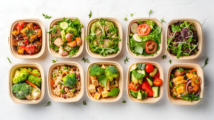 Healthy take away food and drinks in disposable eco friendly paper containers on gray background, top view.