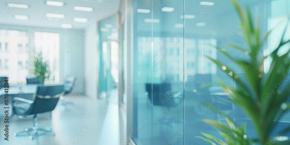 Poster a large office space with a large window and a potted plant. the room is mostly empty, with only a f