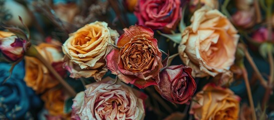 Dried flower bouquet with many faded roses in a copy space image.