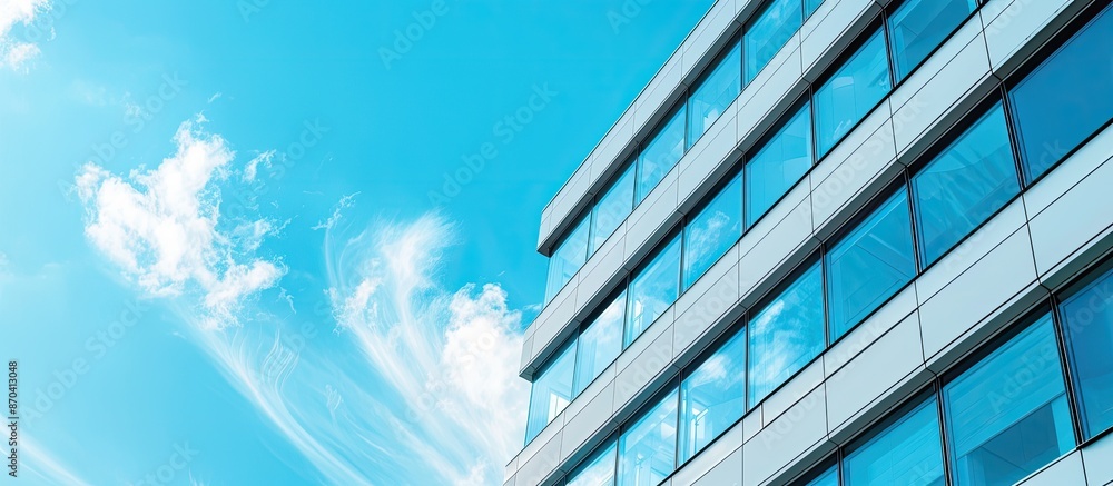 Poster building facade corner with windows against a copy space image of the sky.