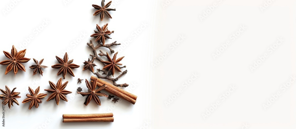 Poster a unique christmas tree made from anise and cinnamon sticks on a white background creates a festive 