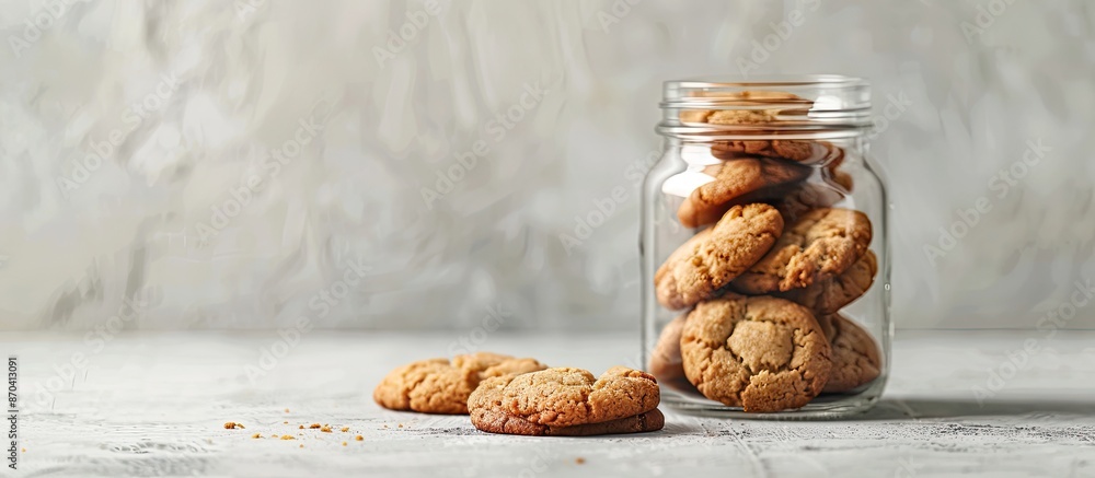 Poster homemade cookies in a glass jar on a light background with copy space image.