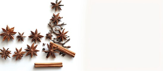 A unique Christmas tree made from anise and cinnamon sticks on a white background creates a festive copy space image.