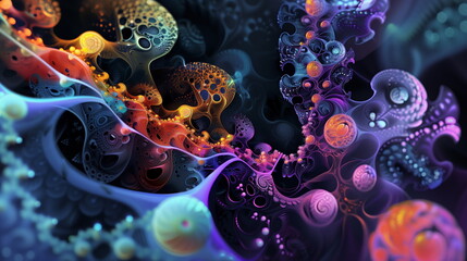 Abstract background with vibrant colors and intricate patterns, resembling an organic structure or fractal design. The scene includes swirling shapes reminiscent of marine life, with glowing spheres 