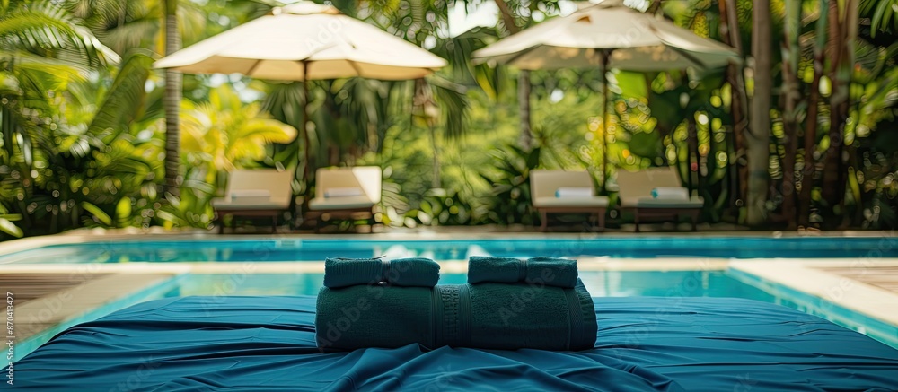 Poster a serene scene featuring a blue bed by a pool with a towel stand under open umbrellas set against a 