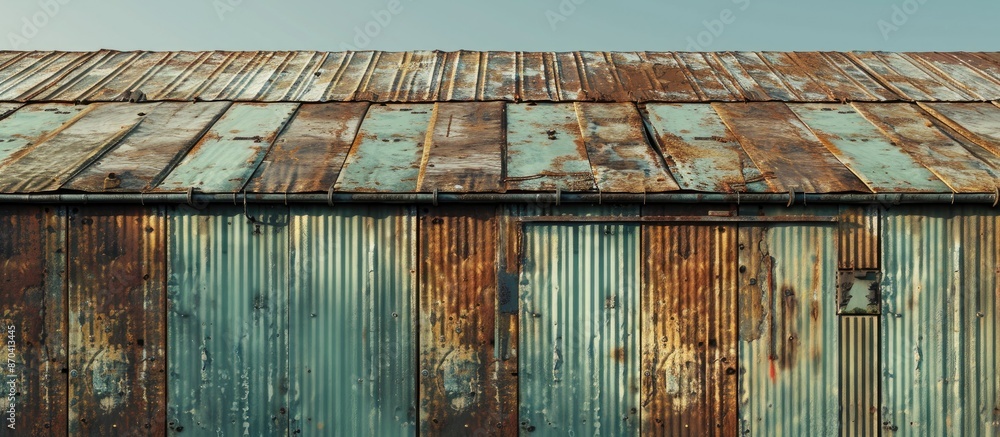 Poster create a design featuring an ancient backdrop with a zinc roof showing signs of oxidation, rust, and