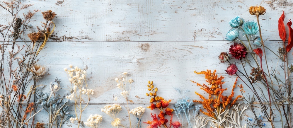 Poster colorful dried botanicals arranged on a white wooden backdrop with brush, creating an aesthetic disp