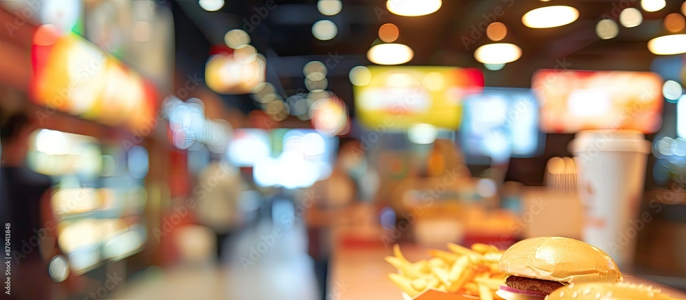 Poster use blurry fast-food outlets in the mall as a design element for your background with copy space ima