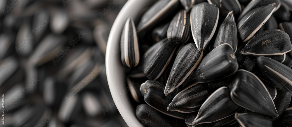 Poster close-up of black sunflower seeds in a bowl on a bright background with a blank space for text or im