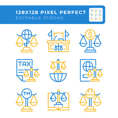 Law regulation in various industries two color line icons set. Legal institutions. Governmental systems bicolor outline iconset isolated. Duotone pictograms thin linear. Editable stroke