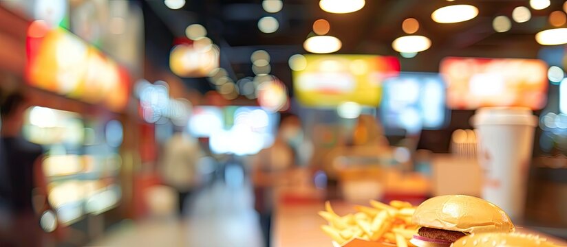 Use blurry fast-food outlets in the mall as a design element for your background with copy space image.