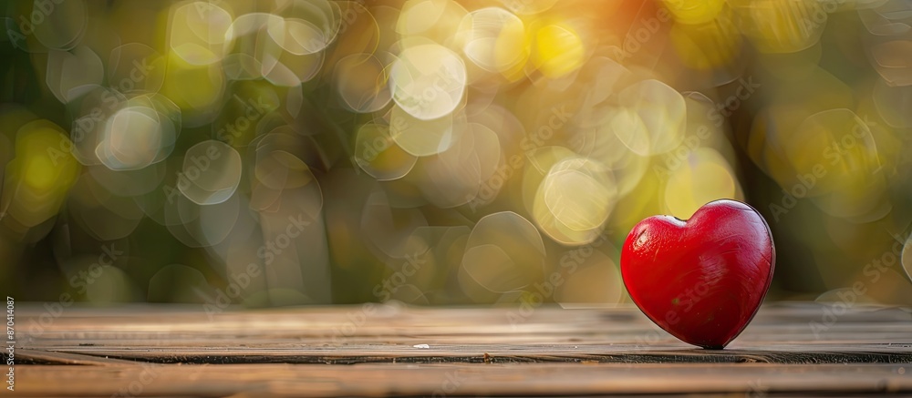 Poster heart-shaped red object on wooden surface with blurred background, suitable for adding text or image