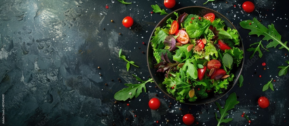 Poster appetizing salad on a dark background designed for restaurant menus, recipe texts, and advertisement
