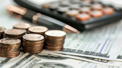 Fototapeta premium Stacks of coins and cash on a financial document next to a pen and calculator, symbolizing budgeting, accounting, and financial planning.