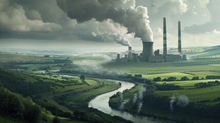 Industrial power plant with smoking chimneys in a picturesque countryside, green fields and a winding river under a cloudy sky.