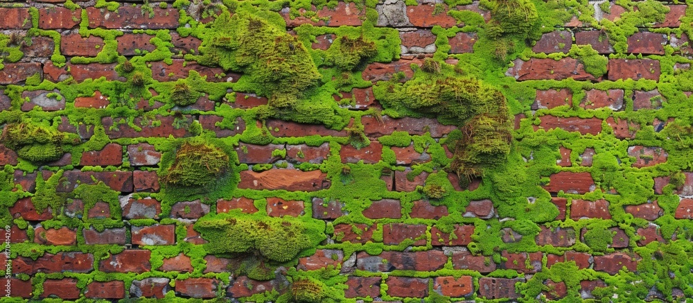 Wall mural Moss-covered red bricks wall background with copy space image.