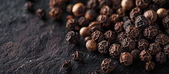 Detailed close-up of black pepper on a black background, perfect for designs featuring spices, with ample copy space image.