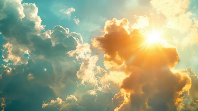 Beautiful cloudscape with dramatic sunrays and colorful clouds, perfect for nature and sky-themed projects.
