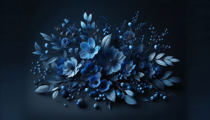  Blue Floral Bouquet, A stylized bouquet of blue flowers and foliage arranged in a circular form, creating a delicate and ethereal aesthetic.